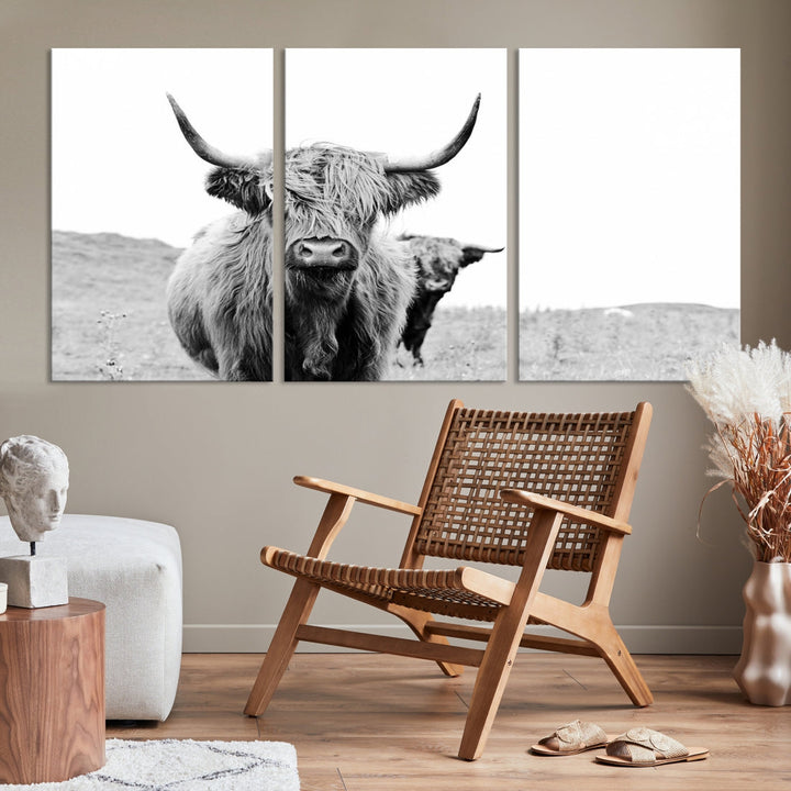 Black and White Highland Cow Canvas Wall Art Print Farmhouse Animal Decor