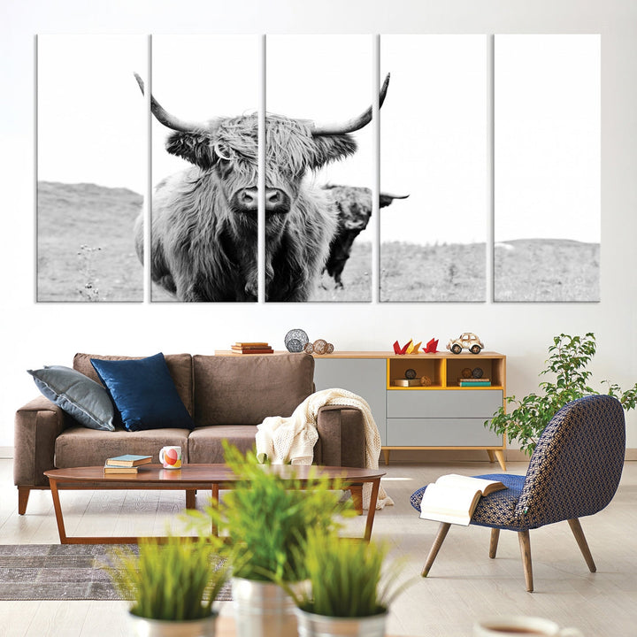 Black and White Highland Cow Canvas Wall Art Print Farmhouse Animal Decor