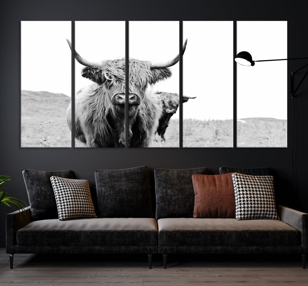 Black and White Highland Cow Canvas Wall Art Print Farmhouse Animal Decor