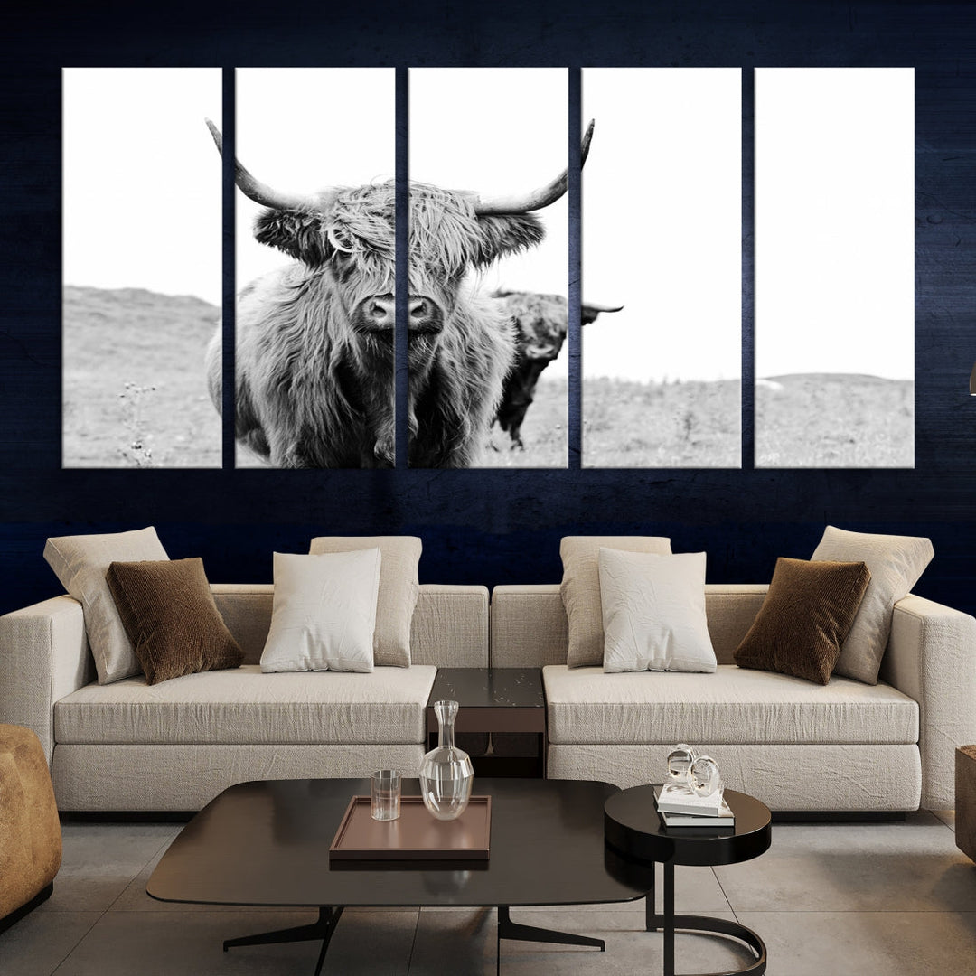 Black and White Highland Cow Canvas Wall Art Print Farmhouse Animal Decor