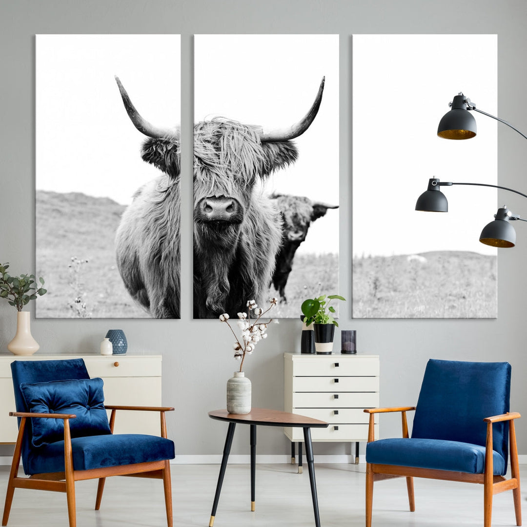 Black and White Highland Cow Canvas Wall Art Print Farmhouse Animal Decor