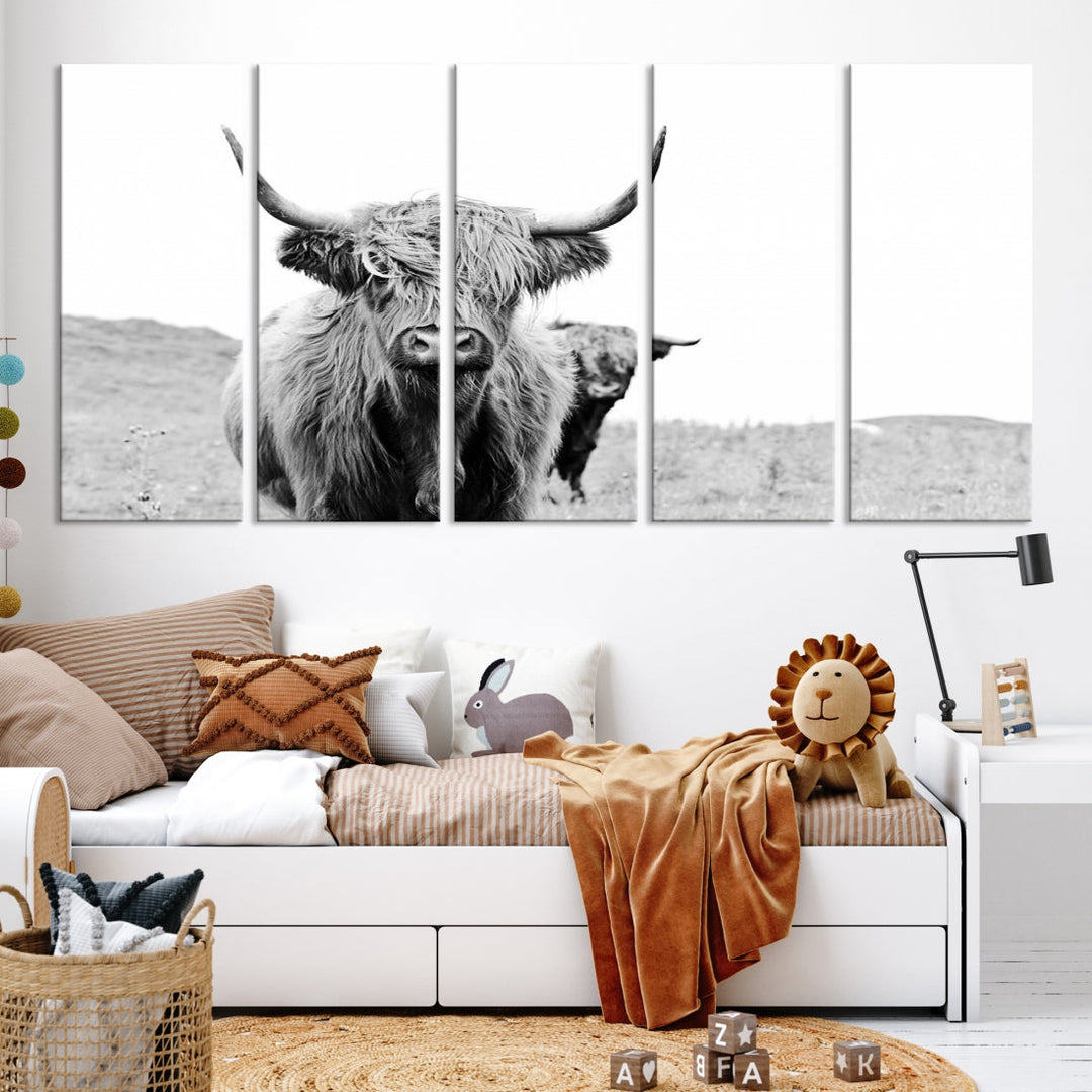 Black and White Highland Cow Canvas Wall Art Print Farmhouse Animal Decor