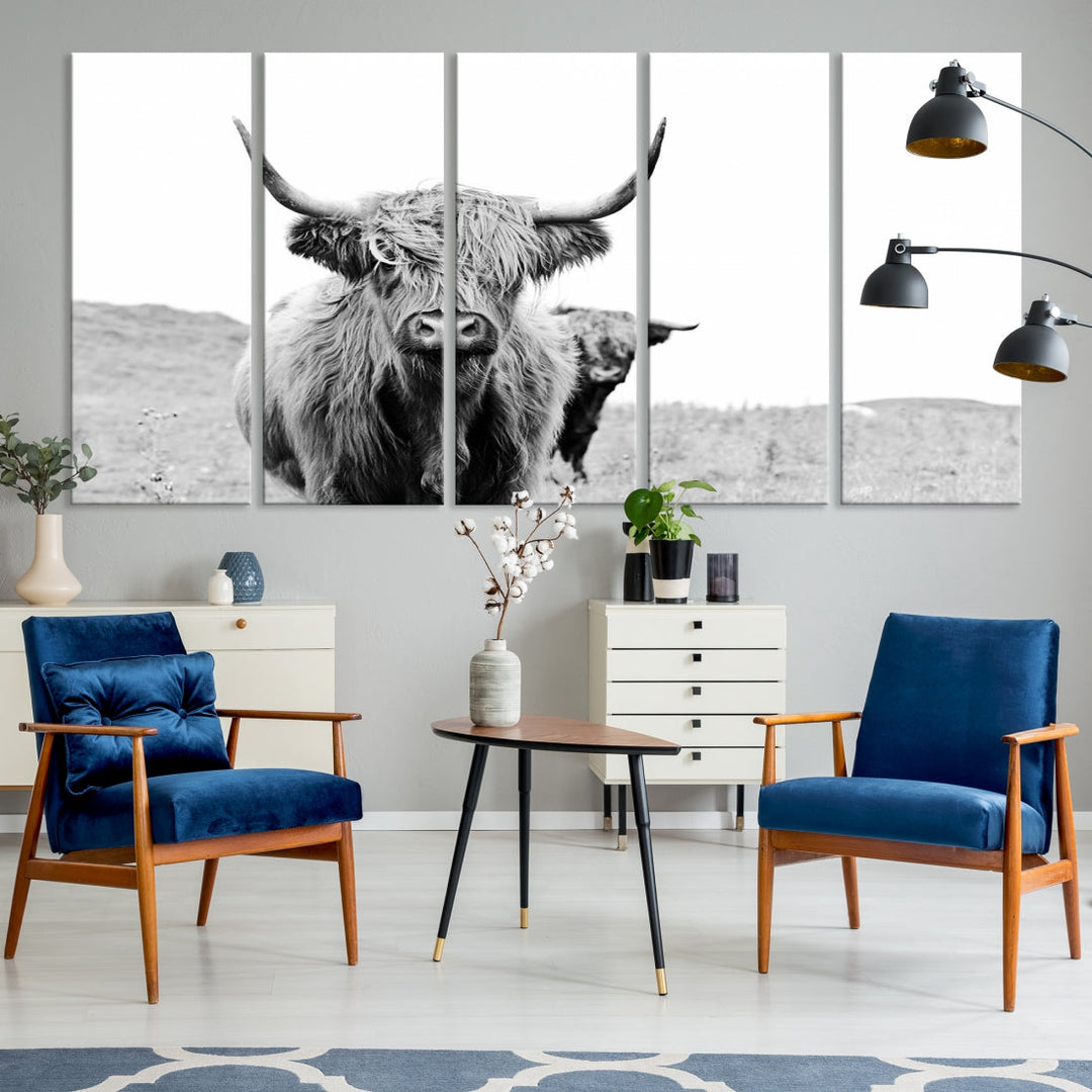 Black and White Highland Cow Canvas Wall Art Print Farmhouse Animal Decor