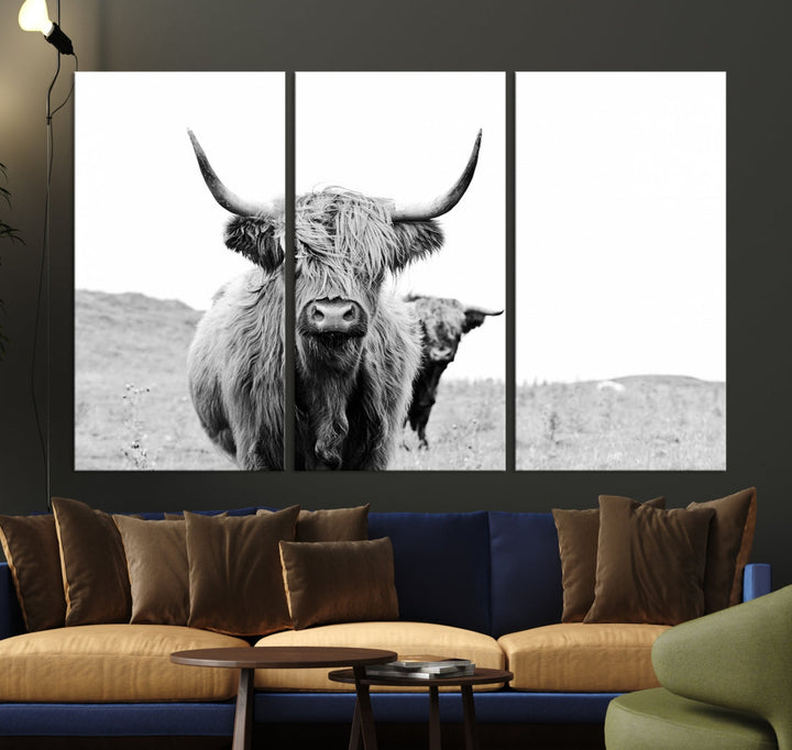 Black and White Highland Cow Canvas Wall Art Print Farmhouse Animal Decor