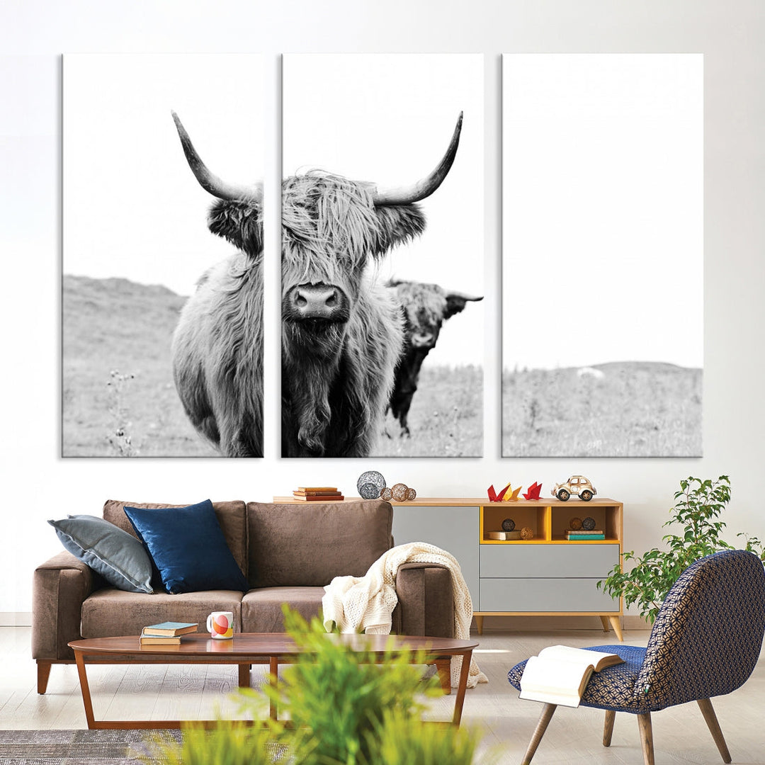 Black and White Highland Cow Canvas Wall Art Print Farmhouse Animal Decor