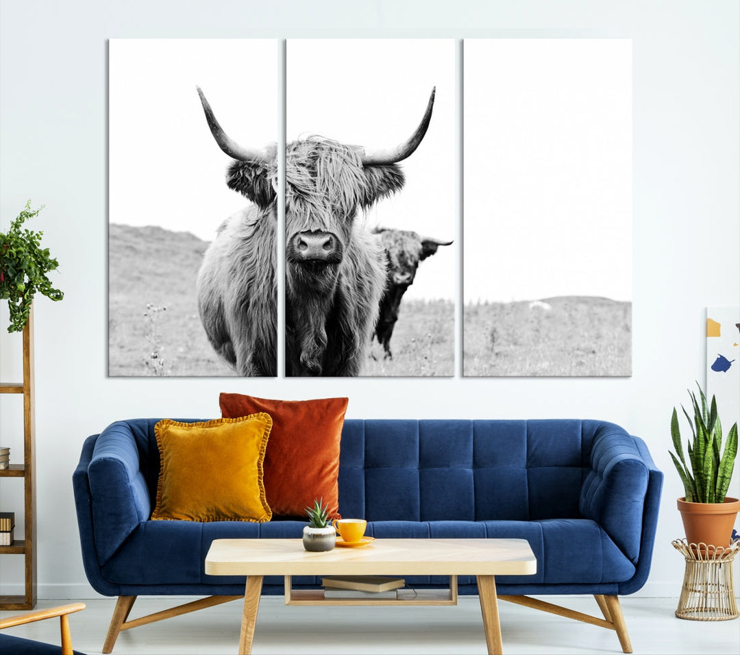 Black and White Highland Cow Canvas Wall Art Print Farmhouse Animal Decor