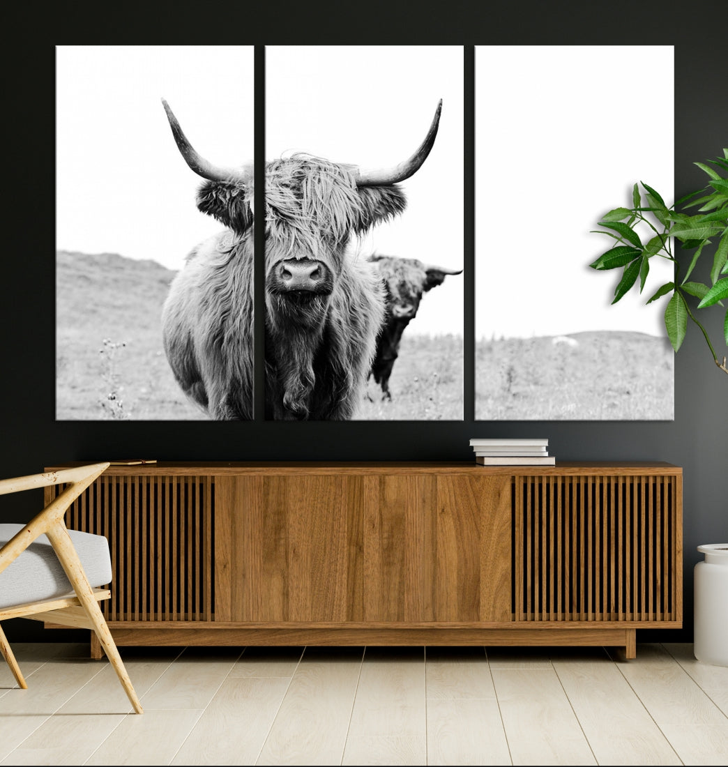 Black and White Highland Cow Canvas Wall Art Print Farmhouse Animal Decor