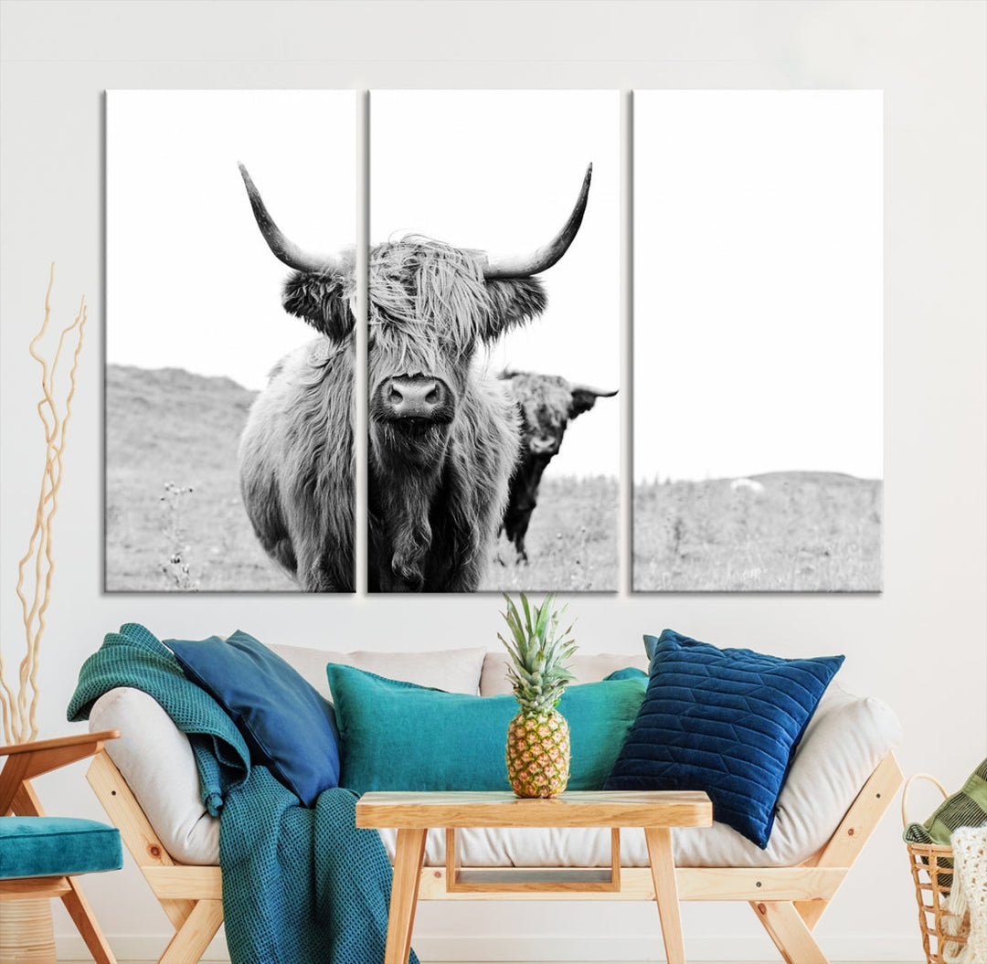 Black and White Highland Cow Canvas Wall Art Print Farmhouse Animal Decor