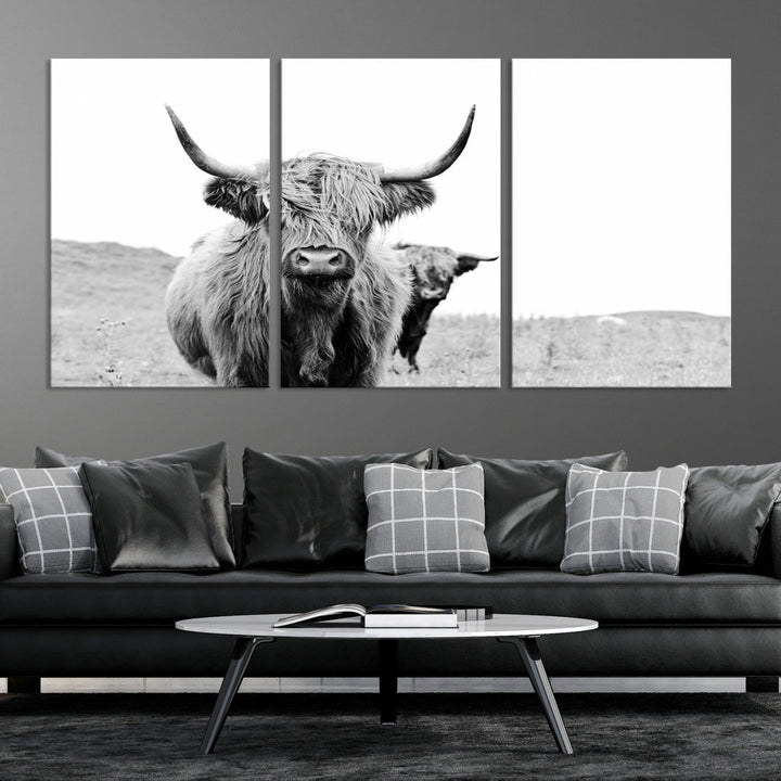 Black and White Highland Cow Canvas Wall Art Print Farmhouse Animal Decor