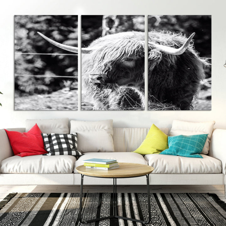 Black and White Highland Cow Canvas Wall Art Print Nature Photograph Canvas Art Large Cow Print Panel Canvas Set