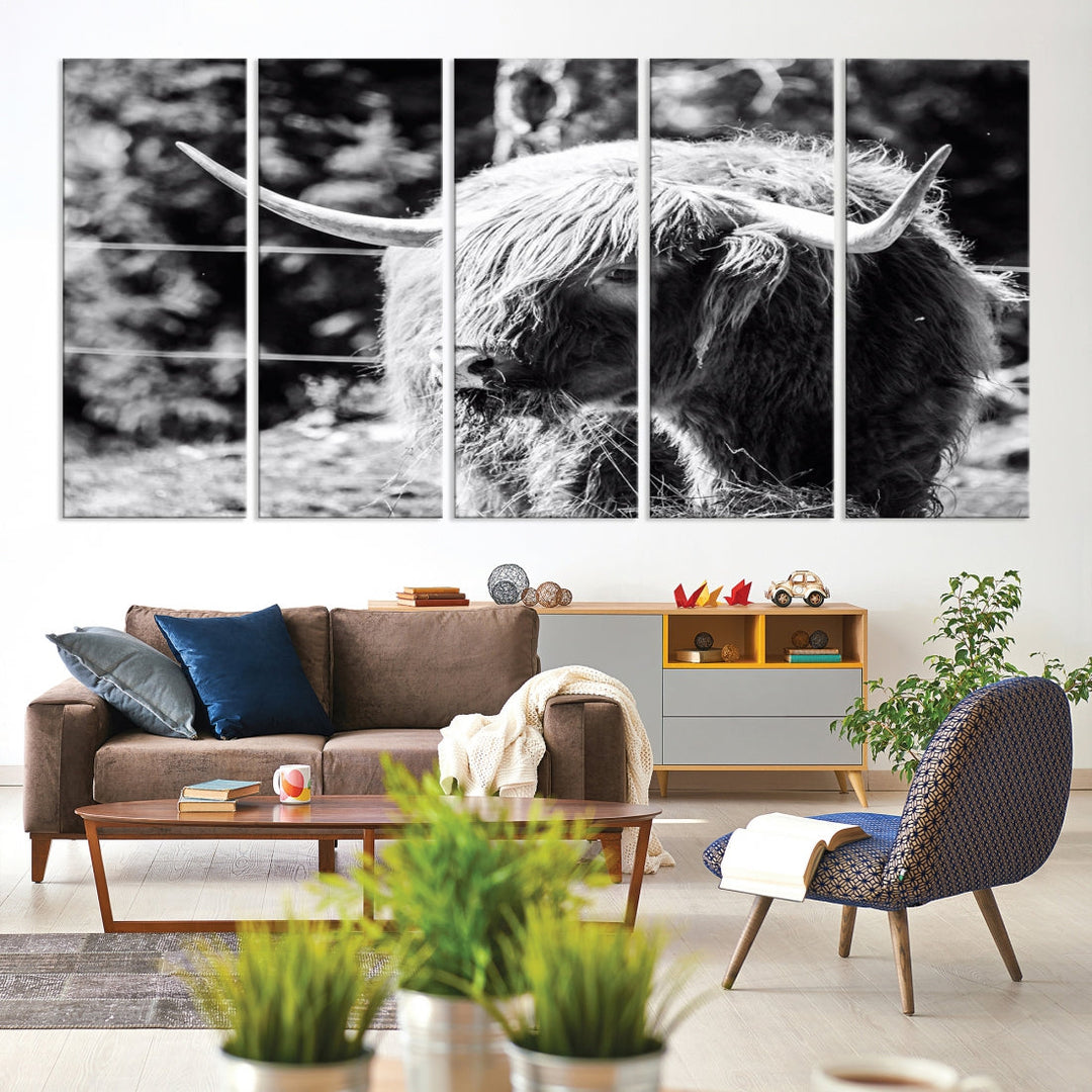 Black and White Highland Cow Canvas Wall Art Print Nature Photograph Canvas Art Large Cow Print Panel Canvas Set