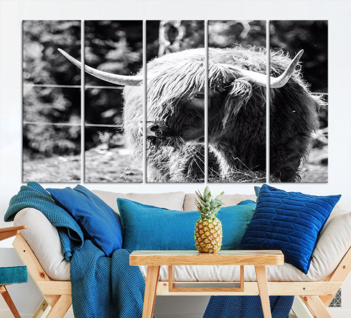 Black and White Highland Cow Canvas Wall Art Print Nature Photograph Canvas Art Large Cow Print Panel Canvas Set