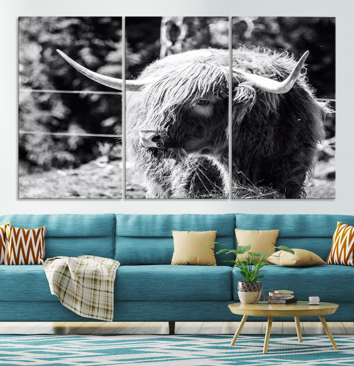 Black and White Highland Cow Canvas Wall Art Print Nature Photograph Canvas Art Large Cow Print Panel Canvas Set