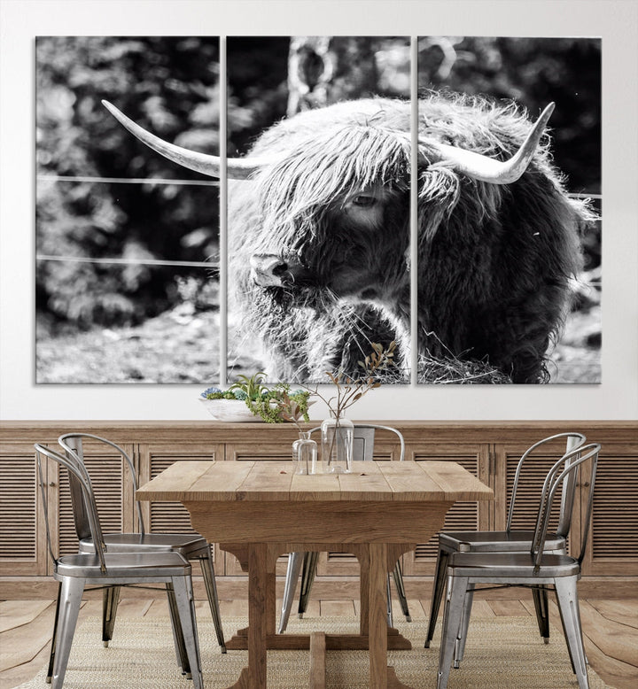 Black and White Highland Cow Canvas Wall Art Print Nature Photograph Canvas Art Large Cow Print Panel Canvas Set