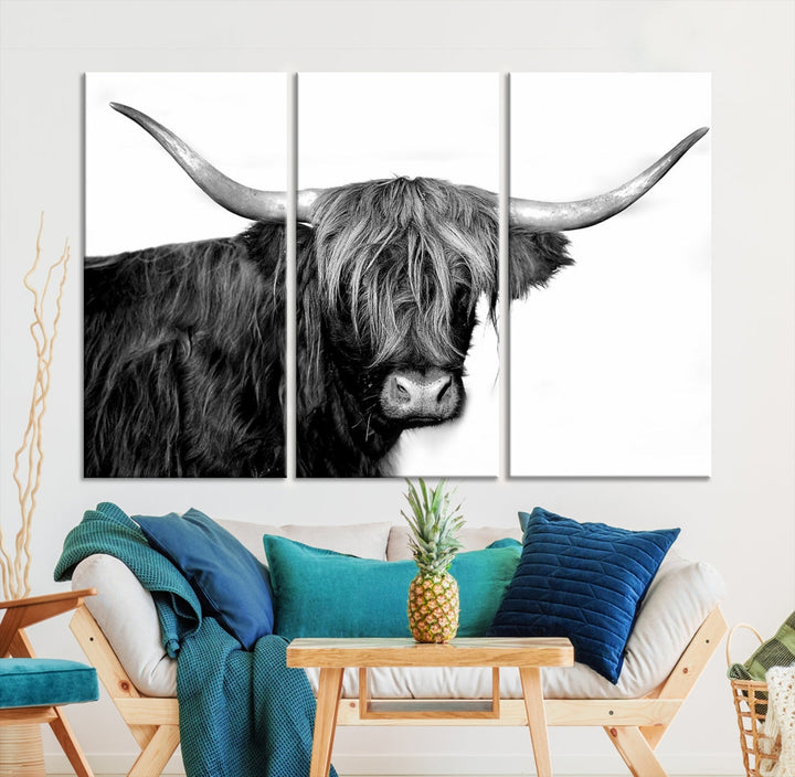 Black and White Highland Cow Multi Panel Wall Art Canvas Print Cow Print Animal Canvas Art Farmhouse Decor Living Room Art