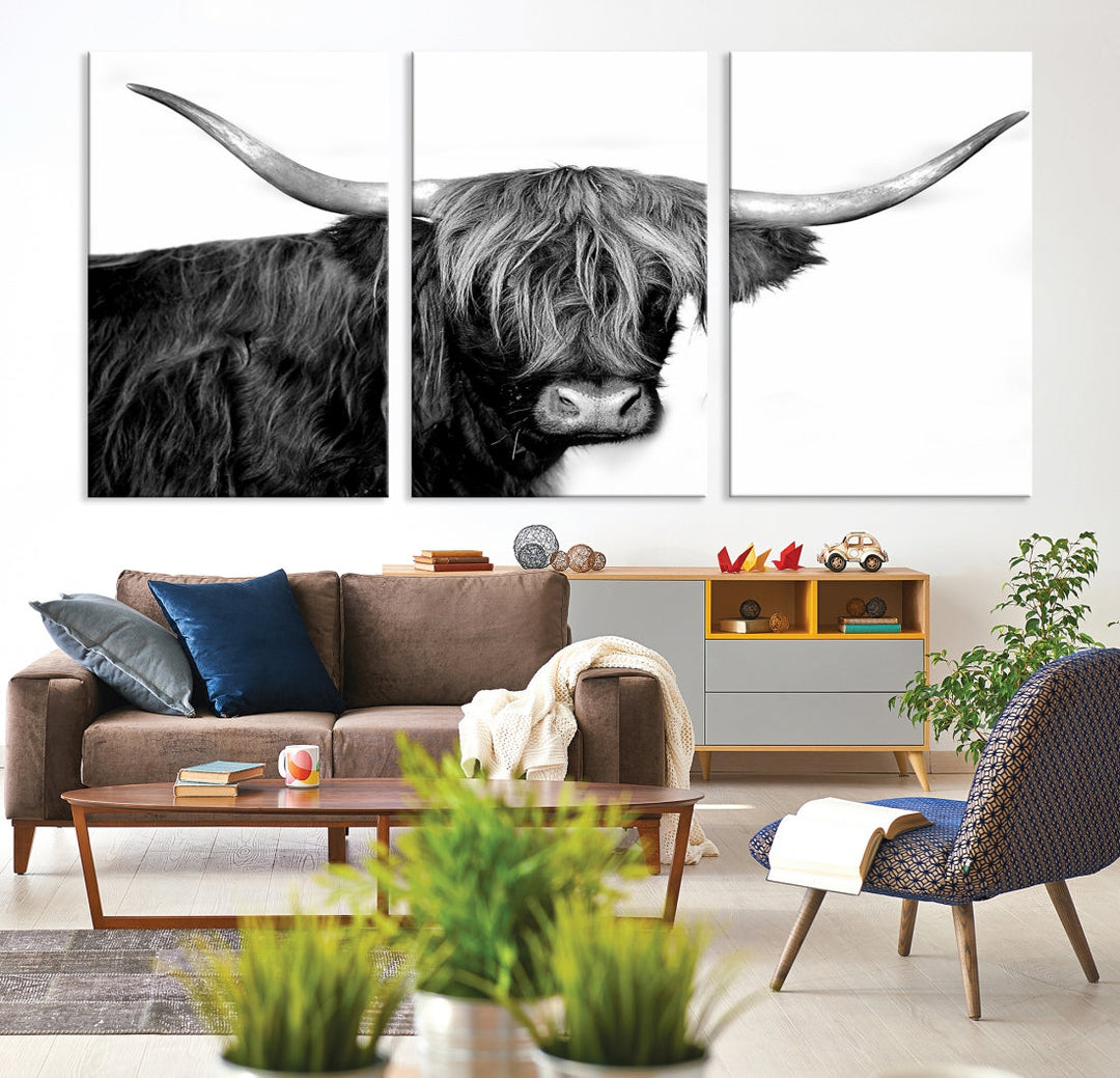 Black and White Highland Cow Multi Panel Wall Art Canvas Print Cow Print Animal Canvas Art Farmhouse Decor Living Room Art