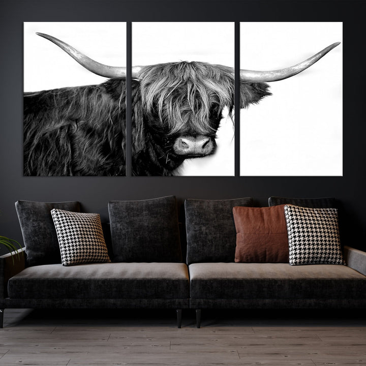 Black and White Highland Cow Multi Panel Wall Art Canvas Print Cow Print Animal Canvas Art Farmhouse Decor Living Room Art