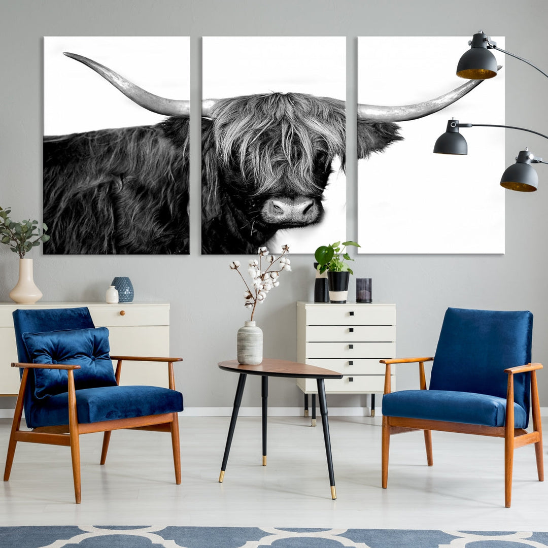 Black and White Highland Cow Multi Panel Wall Art Canvas Print Cow Print Animal Canvas Art Farmhouse Decor Living Room Art