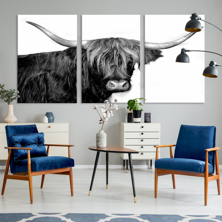 Black and White Highland Cow Multi Panel Wall Art Canvas Print Cow Print Animal Canvas Art Farmhouse Decor Living Room Art