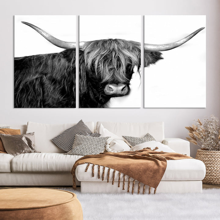 Black and White Highland Cow Multi Panel Wall Art Canvas Print Cow Print Animal Canvas Art Farmhouse Decor Living Room Art