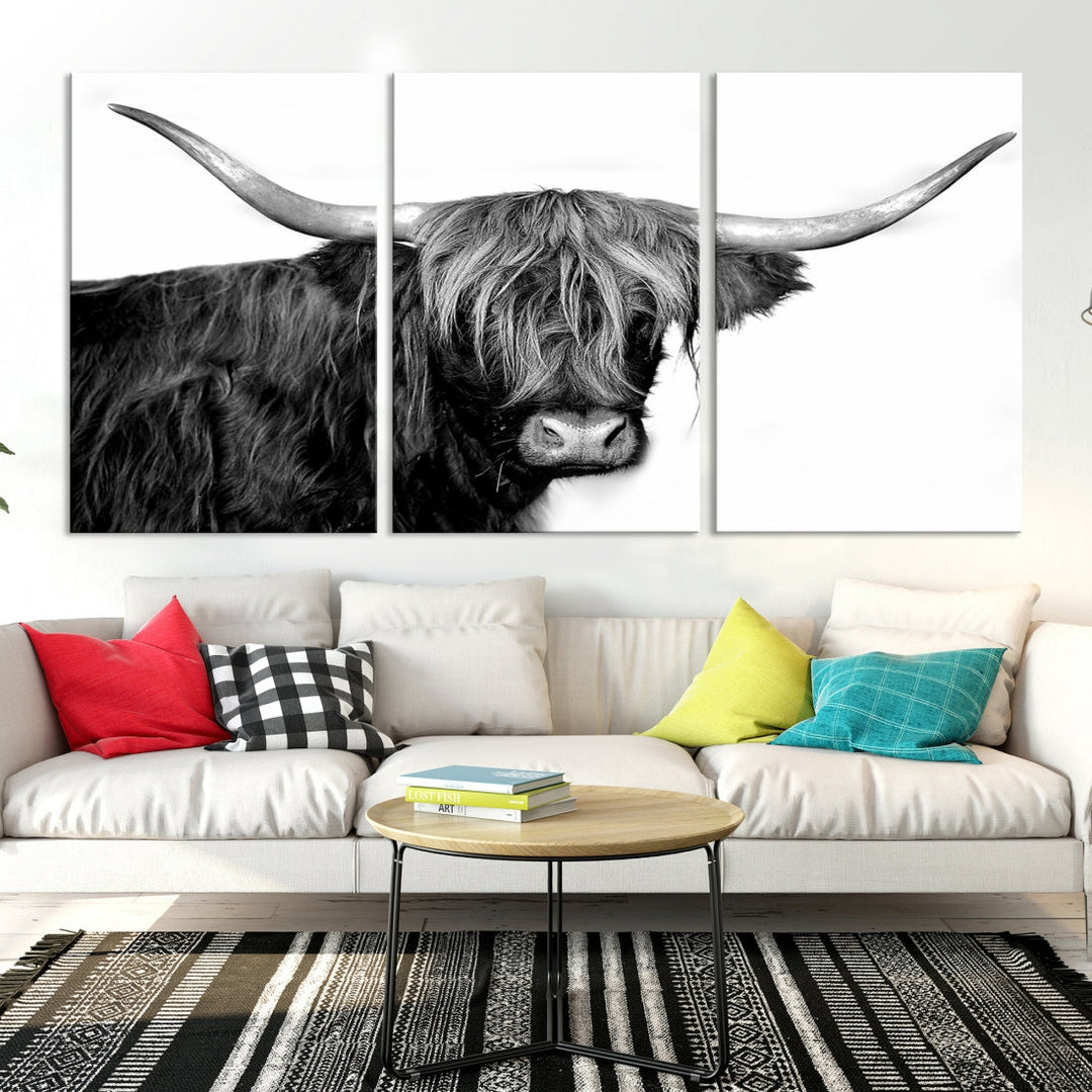 Black and White Highland Cow Multi Panel Wall Art Canvas Print Cow Print Animal Canvas Art Farmhouse Decor Living Room Art