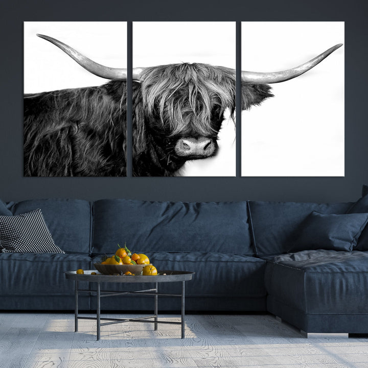 Black and White Highland Cow Multi Panel Wall Art Canvas Print Cow Print Animal Canvas Art Farmhouse Decor Living Room Art