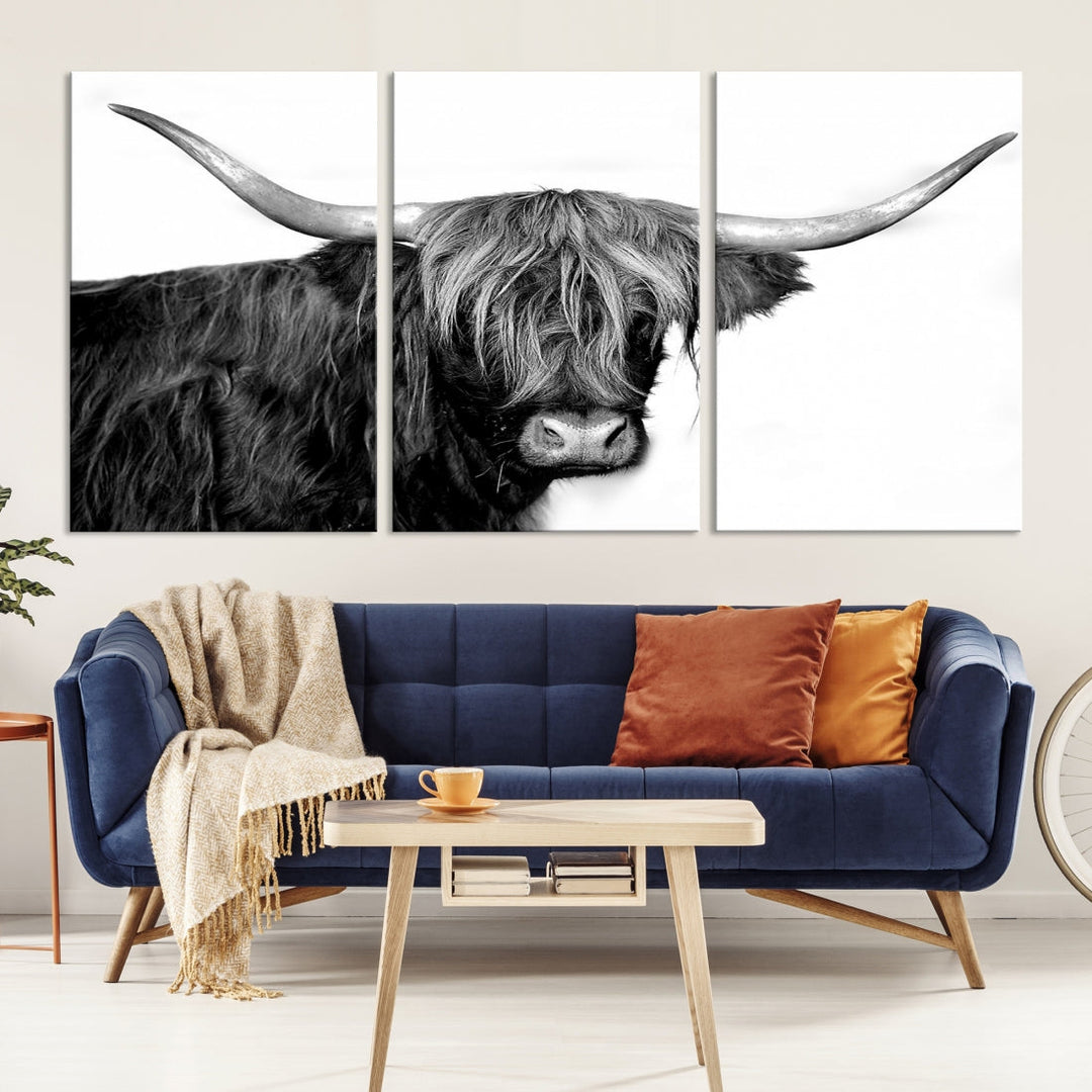 Black and White Highland Cow Multi Panel Wall Art Canvas Print Cow Print Animal Canvas Art Farmhouse Decor Living Room Art