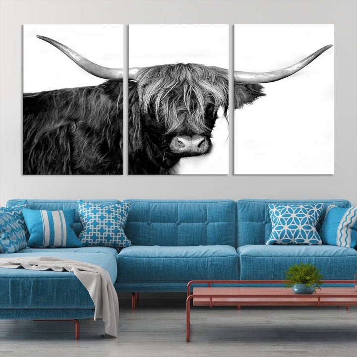 Black and White Highland Cow Multi Panel Wall Art Canvas Print Cow Print Animal Canvas Art Farmhouse Decor Living Room Art