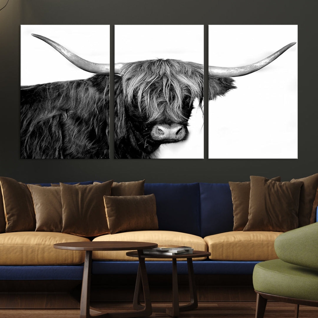 Black and White Highland Cow Multi Panel Wall Art Canvas Print Cow Print Animal Canvas Art Farmhouse Decor Living Room Art