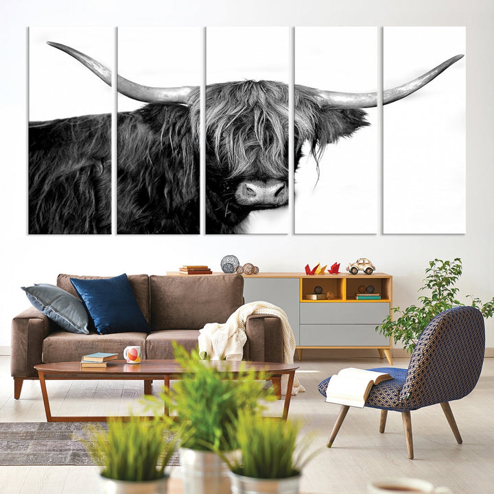 Black and White Highland Cow Multi Panel Wall Art Canvas Print Cow Print Animal Canvas Art Farmhouse Decor Living Room Art