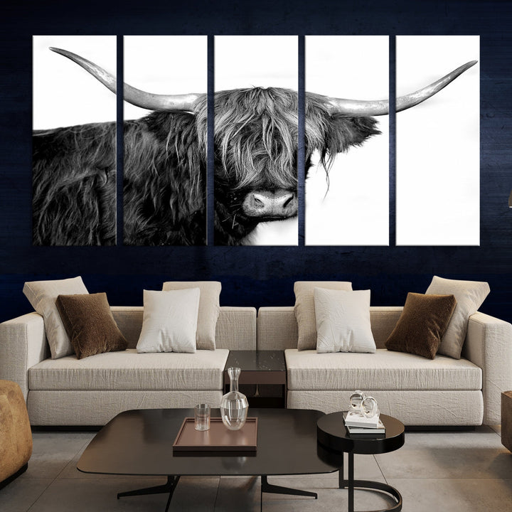 Black and White Highland Cow Multi Panel Wall Art Canvas Print Cow Print Animal Canvas Art Farmhouse Decor Living Room Art