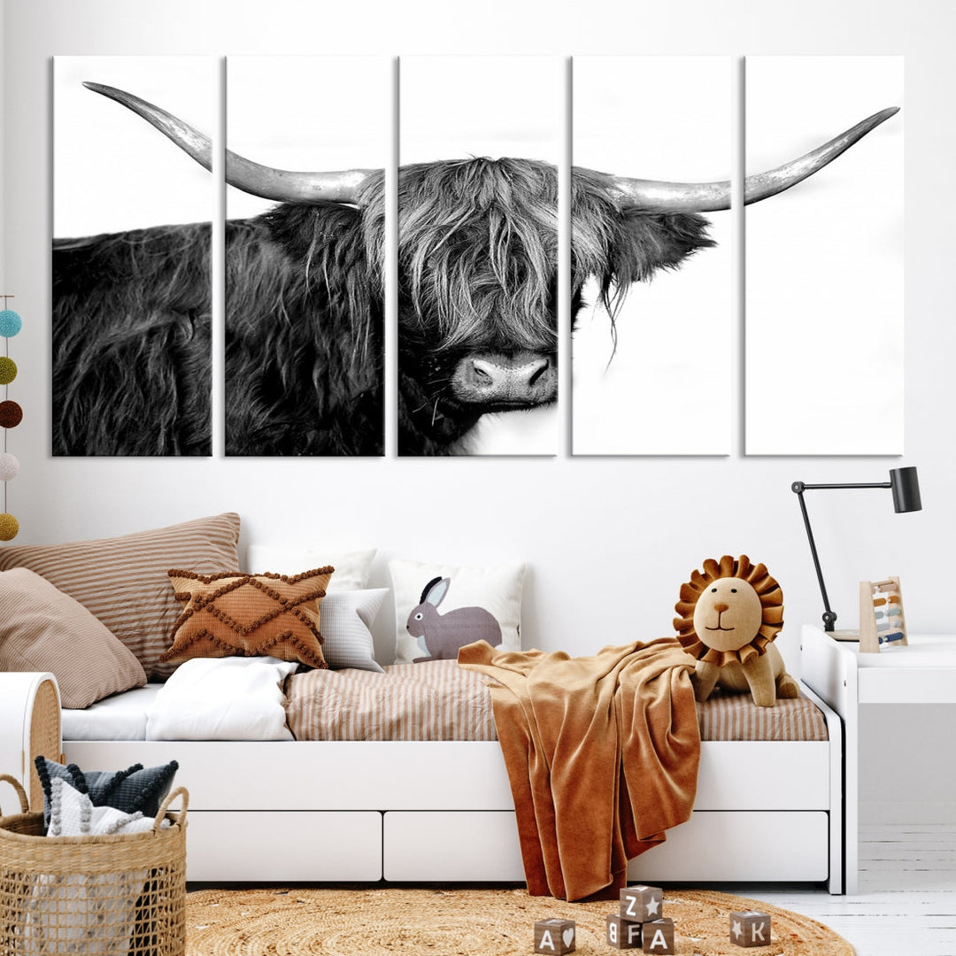 Black and White Highland Cow Multi Panel Wall Art Canvas Print Cow Print Animal Canvas Art Farmhouse Decor Living Room Art