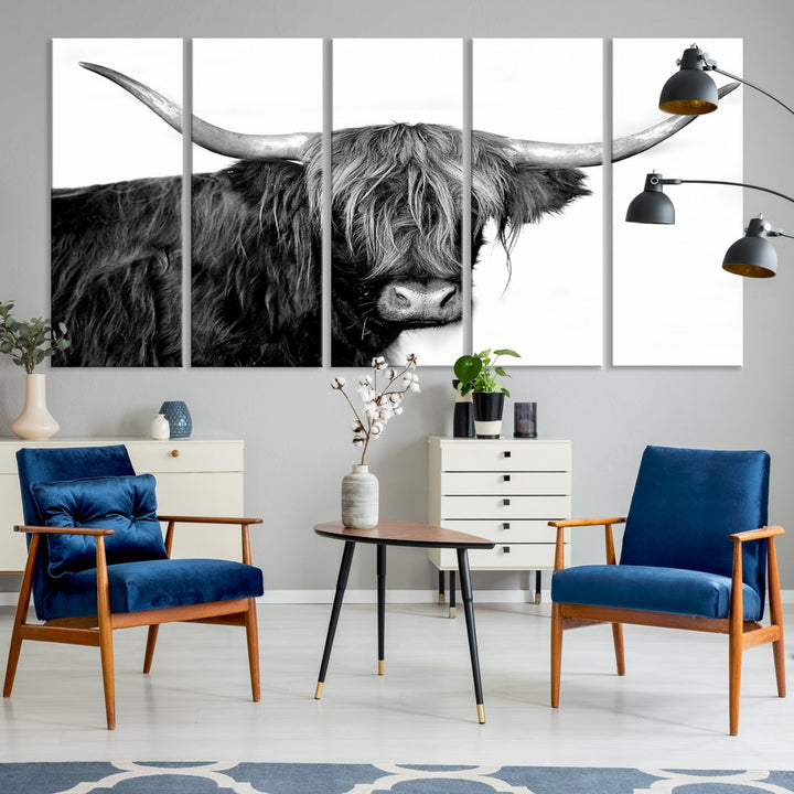 Black and White Highland Cow Multi Panel Wall Art Canvas Print Cow Print Animal Canvas Art Farmhouse Decor Living Room Art