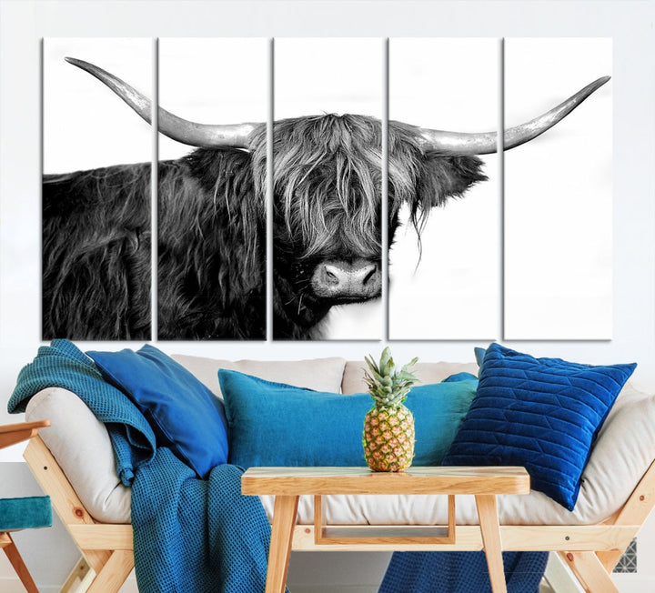 Black and White Highland Cow Multi Panel Wall Art Canvas Print Cow Print Animal Canvas Art Farmhouse Decor Living Room Art