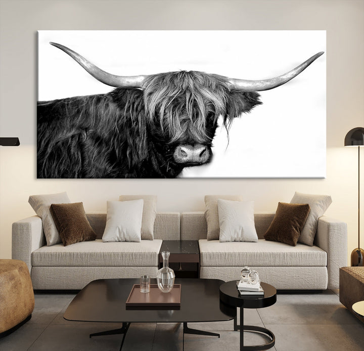 Black and White Highland Cow Multi Panel Wall Art Canvas Print Cow Print Animal Canvas Art Farmhouse Decor Living Room Art