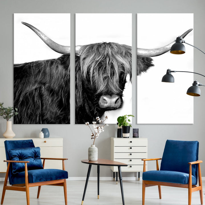 Black and White Highland Cow Multi Panel Wall Art Canvas Print Cow Print Animal Canvas Art Farmhouse Decor Living Room Art