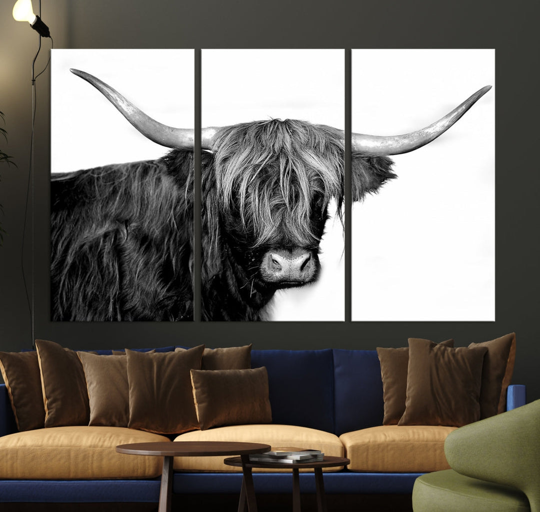 Black and White Highland Cow Multi Panel Wall Art Canvas Print Cow Print Animal Canvas Art Farmhouse Decor Living Room Art