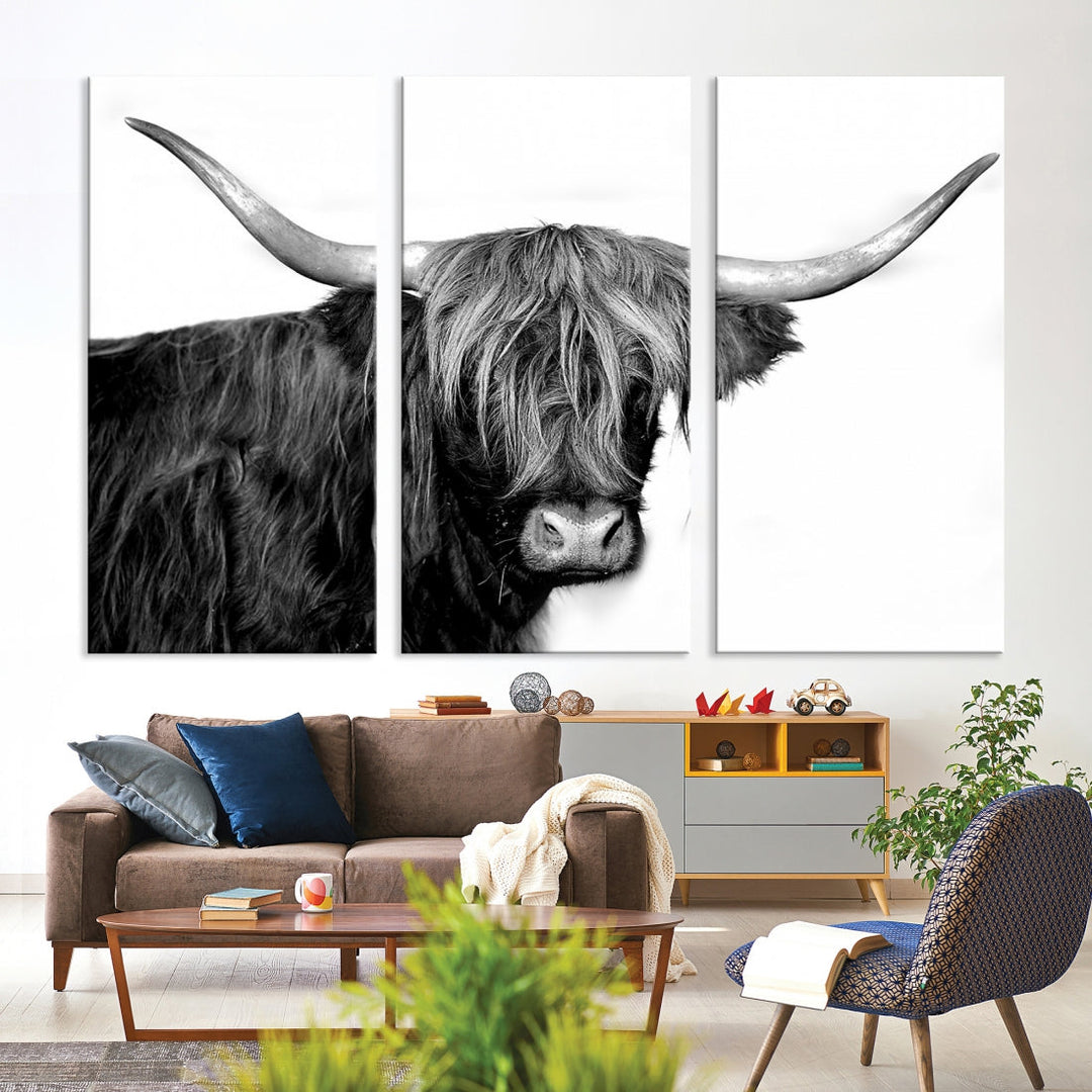 Black and White Highland Cow Multi Panel Wall Art Canvas Print Cow Print Animal Canvas Art Farmhouse Decor Living Room Art