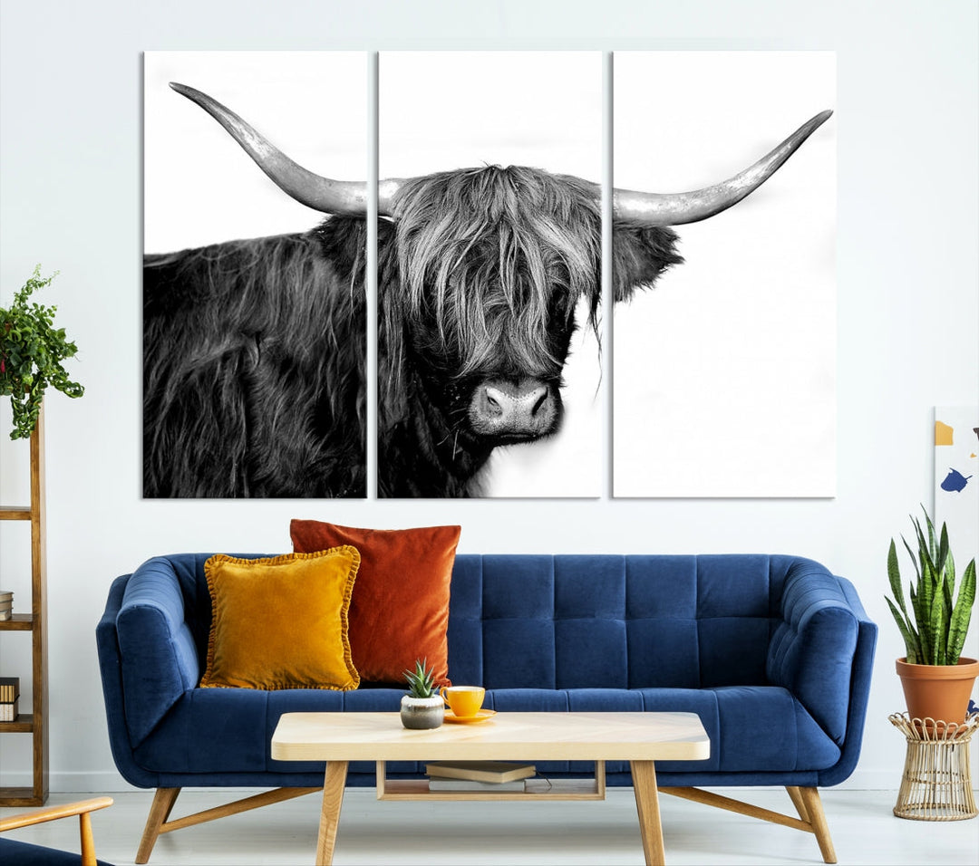 Black and White Highland Cow Multi Panel Wall Art Canvas Print Cow Print Animal Canvas Art Farmhouse Decor Living Room Art