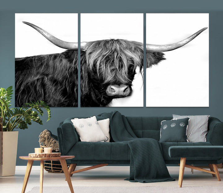 Black and White Highland Cow Multi Panel Wall Art Canvas Print Cow Print Animal Canvas Art Farmhouse Decor Living Room Art