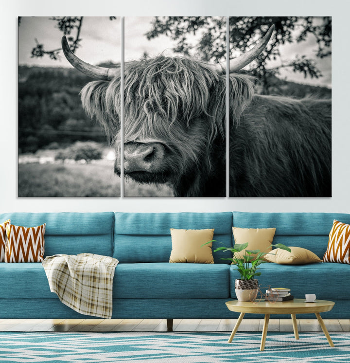 Black and White Highland Cow Wall Art Canvas Print Scottish Cattle Canvas Art