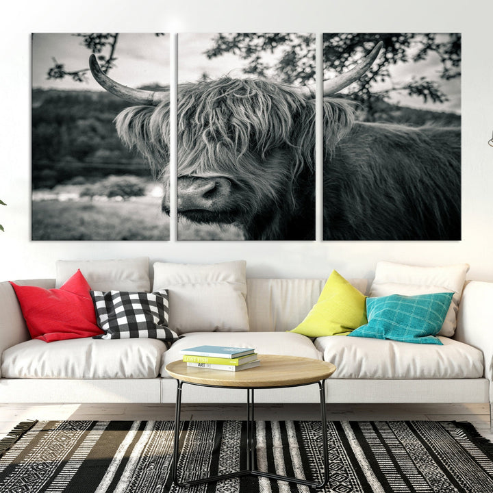 Black and White Highland Cow Wall Art Canvas Print Scottish Cattle Canvas Art