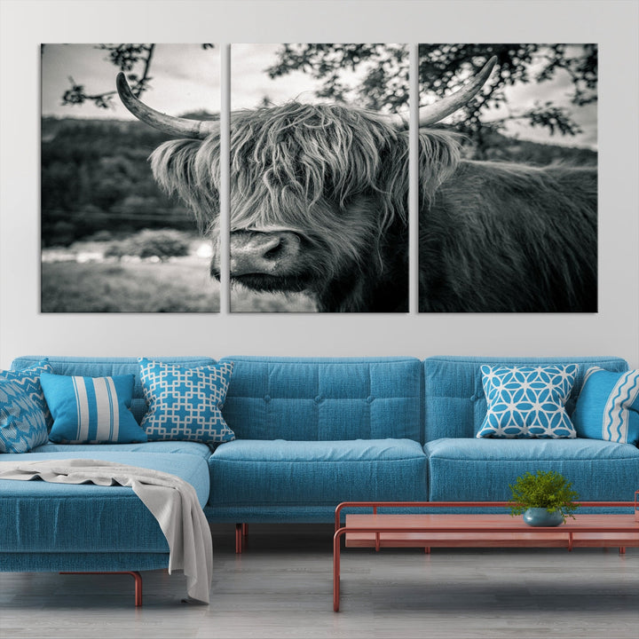 Black and White Highland Cow Wall Art Canvas Print Scottish Cattle Canvas Art