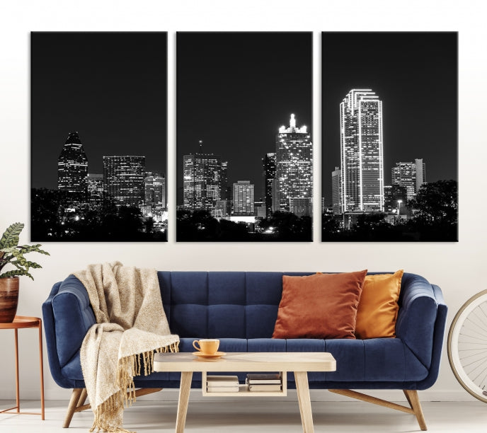 Black and White Large Dallas Skyline Wall Art Cityscape Canvas Print