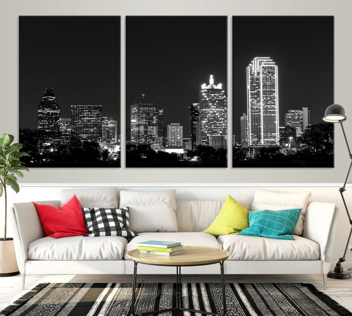 Black and White Large Dallas Skyline Wall Art Cityscape Canvas Print