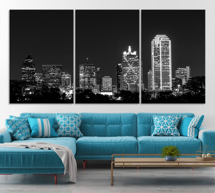 Black and White Large Dallas Skyline Wall Art Cityscape Canvas Print