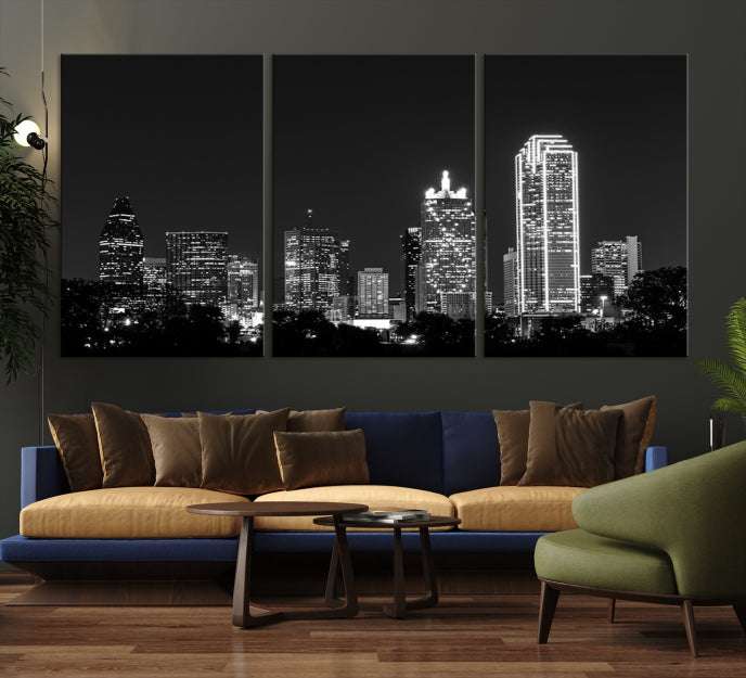 Black and White Large Dallas Skyline Wall Art Cityscape Canvas Print