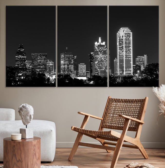 Black and White Large Dallas Skyline Wall Art Cityscape Canvas Print