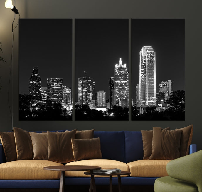 Black and White Large Dallas Skyline Wall Art Cityscape Canvas Print