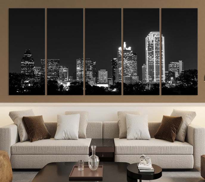 Black and White Large Dallas Skyline Wall Art Cityscape Canvas Print